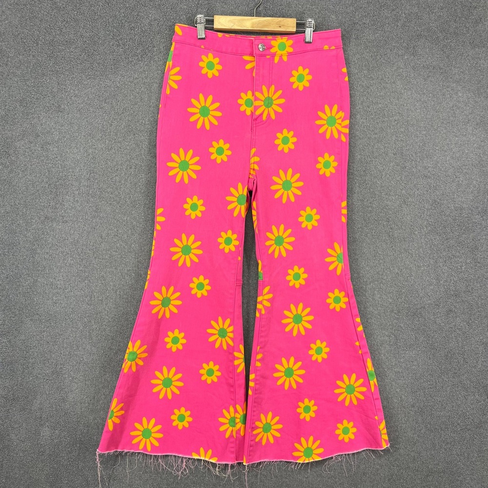 We The Free Flare Jeans Women 29 Pink Daisy Floral High Rise Just Float On Retro